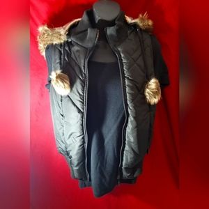 Women's Rue21 Black Vest with Faux Fur Trimmed Hood, Size M
